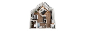 A 3D floor plan of a house with a living room, kitchen, and bathroom.