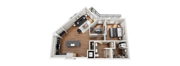 A 3D floor plan of a house with a living room, kitchen, and two bedrooms.