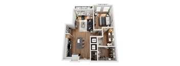 A top-down view of a small apartment layout with a living room, kitchen, and bedroom.