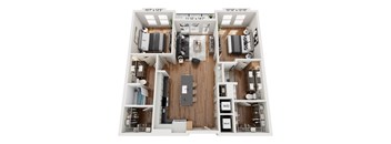 A floor plan of a two-bedroom apartment with dimensions and labeled rooms.
