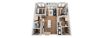 A floor plan of a two-bedroom apartment with a living room, kitchen, and bathroom.