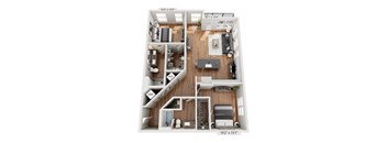 A floor plan of a two-bedroom apartment with a living room, kitchen, and bathroom.