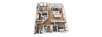 A detailed 3D floor plan of a two-bedroom apartment.