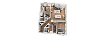 A floor plan of a small apartment with a kitchen, living room, and two bedrooms.