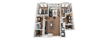A floor plan of a two-bedroom apartment with a living room, kitchen, and bathroom.
