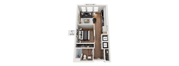 A top down view of a small apartment with a bedroom, bathroom and kitchen.