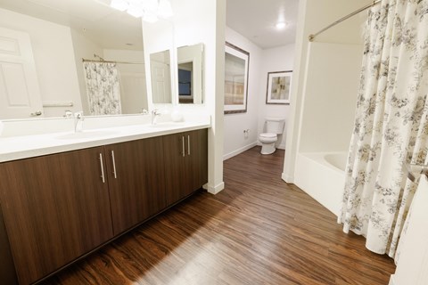 a bathroom with a sink and a shower and a toilet