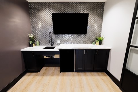 a black and white bathroom with a sink and a tv