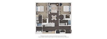 A floor plan of a house with a kitchen, living room, and bathrooms.