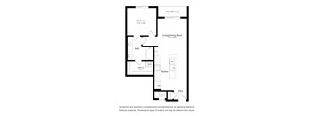 A floor plan of a small apartment with a bedroom, living/dining room, kitchen, bathroom, and entry.