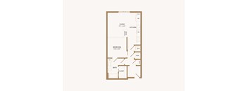 A floor plan of a small apartment with a living room, bedroom, and bathroom.