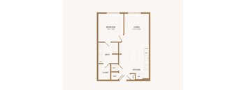 A floor plan of a small apartment with a bedroom, bathroom, kitchen, and closet.