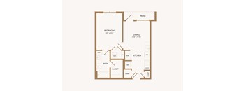 A floor plan of a small apartment with a bedroom, living room, kitchen, bathroom, and closet.