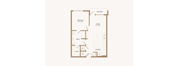 A floor plan of an apartment with a bedroom, bathroom, kitchen, and living room.