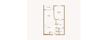 A floor plan of an apartment with a living room, kitchen, bathroom and bedroom.
