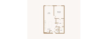 A floor plan of a small apartment with a living room, bedroom, kitchen, and bathroom.