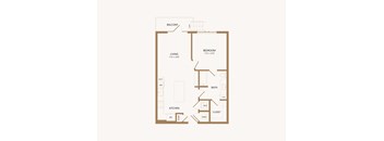 A floor plan of an apartment with a living room, bedroom, bathroom, kitchen, and closet.