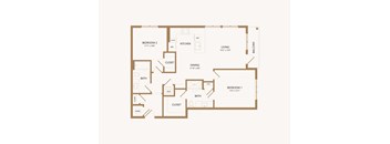 A floor plan of a small apartment with two bedrooms, a living room, a kitchen, a bathroom, a closet, and a hallway.