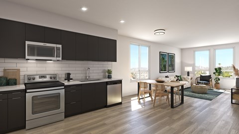 A modern kitchen with dark brown cabinets and stainless steel appliances.