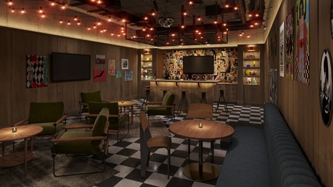 A room with a checkered floor and a black and white color scheme.