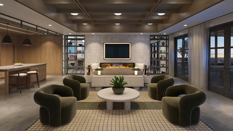 A modern living room with a television, sofas, and a coffee table.