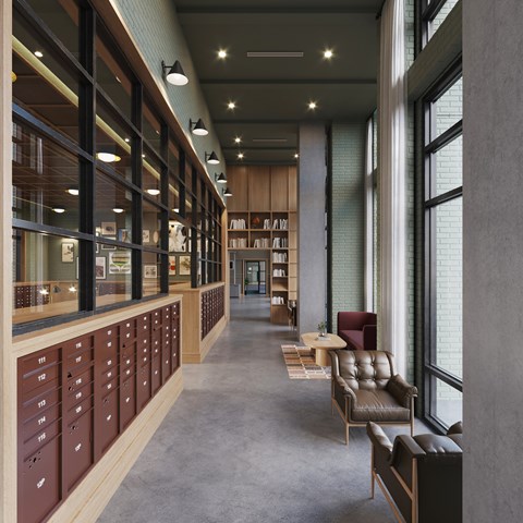 A long hallway with leather chairs and a table with a plant on it.