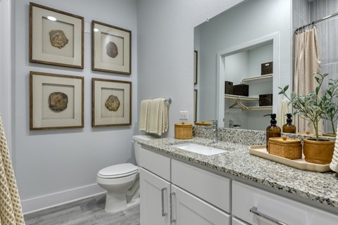 A bathroom with a toilet, sink, and a mirror.