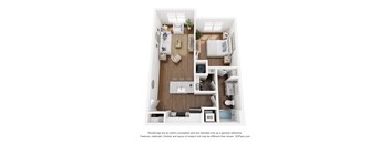 A 3D floor plan of a small apartment with a kitchen, living room, and bedrooms.