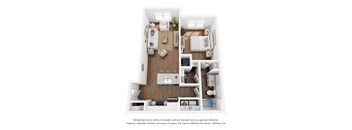 A 3D floor plan of a small apartment with a kitchen, living room, and bedroom.