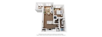 A 3D floor plan of a house with a living room, dining room, kitchen, and bathroom.