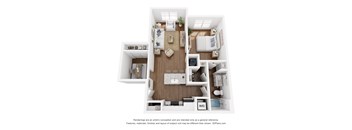 A 3D floor plan of a small apartment with a kitchen, living room, and bedroom.