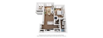 A 3D floor plan of a small apartment with a kitchen, living room, and bedroom.