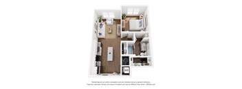 A floor plan of a small apartment with a kitchen, living room, and bathroom.
