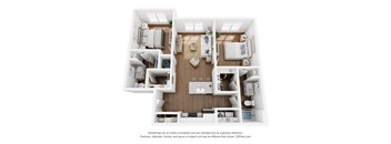A 3D floor plan of a small apartment with a kitchen, living room, and two bedrooms.