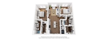 A 3D floor plan of a small apartment with a kitchen, living room, and bedrooms.
