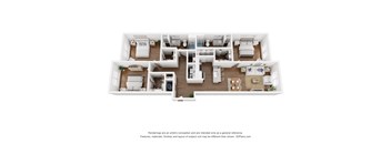 A 3D floor plan of a house with a kitchen, living room, and two bedrooms.