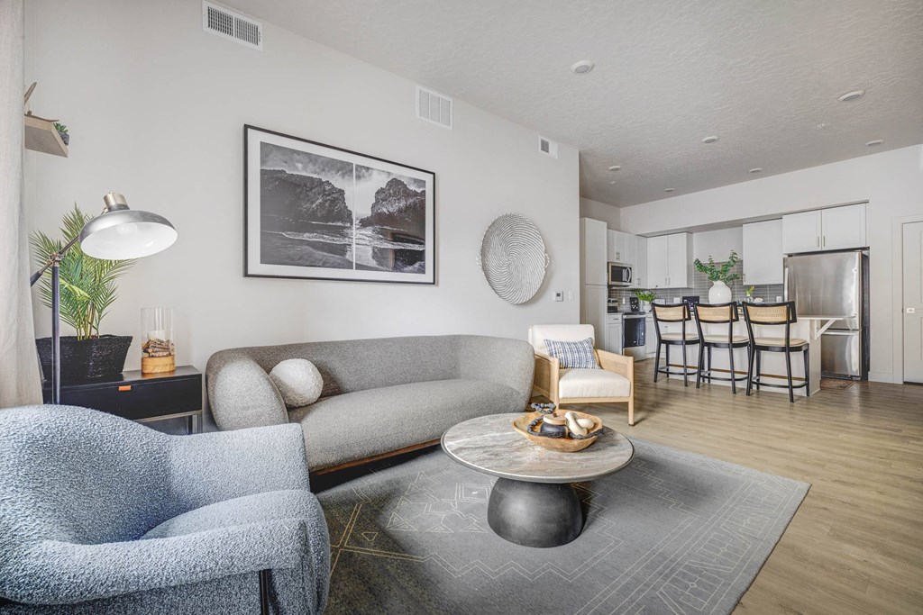 a living room with a couch and a table