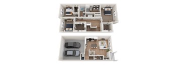 a stylized floor plan of a house with two bedrooms and a living room