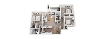 A white model of a house with a kitchen, living room, and bathroom.