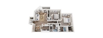 A detailed 3D floor plan of a modern apartment.