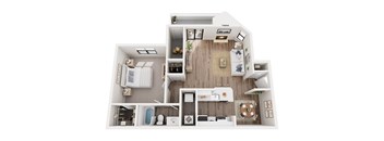 A top-down view of a small apartment with a kitchen, living room, and bedroom.