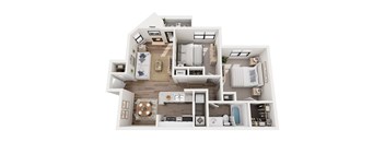 A 3D floor plan of a house with labeled rooms.