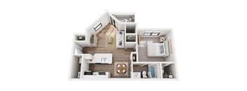 A top-down view of a house layout with a kitchen, living room, and bedrooms.