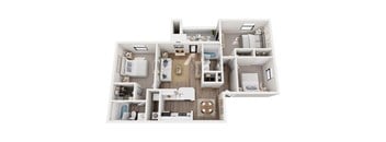 A top-down view of a small apartment layout with a kitchen, living room, and bedrooms.