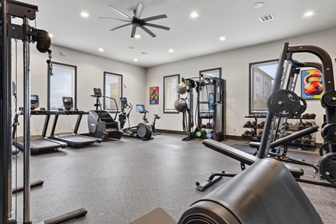 A spacious gym with a variety of equipment including treadmills, weights, and a fan.
