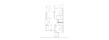 A floor plan of a house with a kitchen, living room, and two bathrooms.