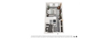 a stylized floor plan of a 1 bedroom apartment