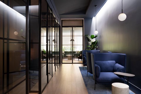 A modern living room with a blue sofa and a glass door.