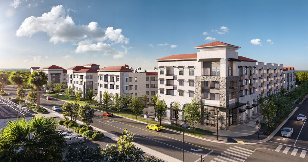 a rendering of an apartment building on a city street