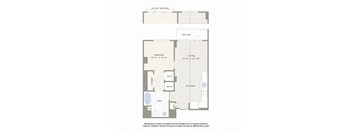 A floor plan of a balcony with a bedroom, bathroom, kitchen, and living room.